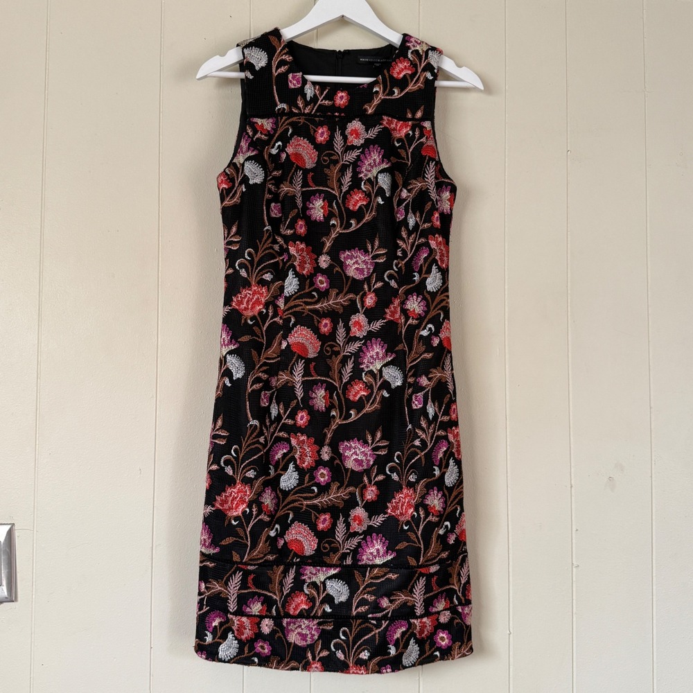 White House Black Market Women's Floral Embroidered Mesh Shift Dress Size 4 Boho